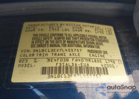 2007 Nissan Versa 1.8S z USA, uszkodzony, nr VIN 3N1BC13EX7L455757